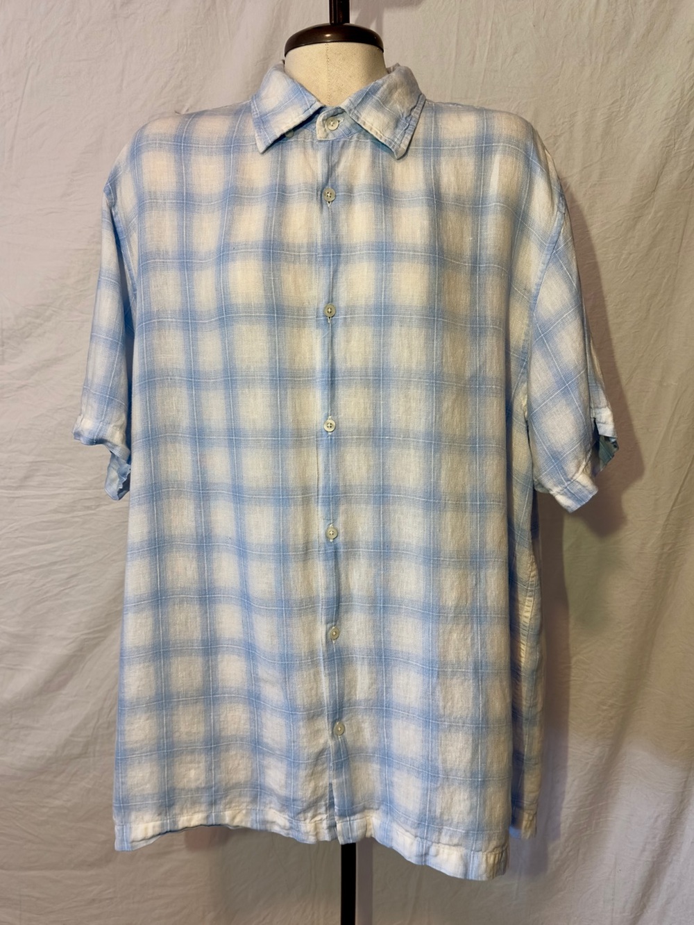 Per Me Uomo Pure 100% Linen Blue Plaid Short Sleeve Button Front Shirt Mens XL